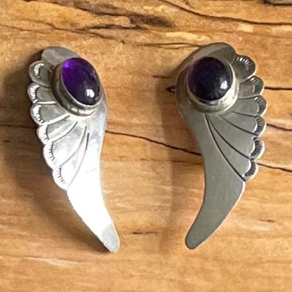 Handmade Jewelry - Signed Navajo amethyst & sterling "angel wing" feather earrings